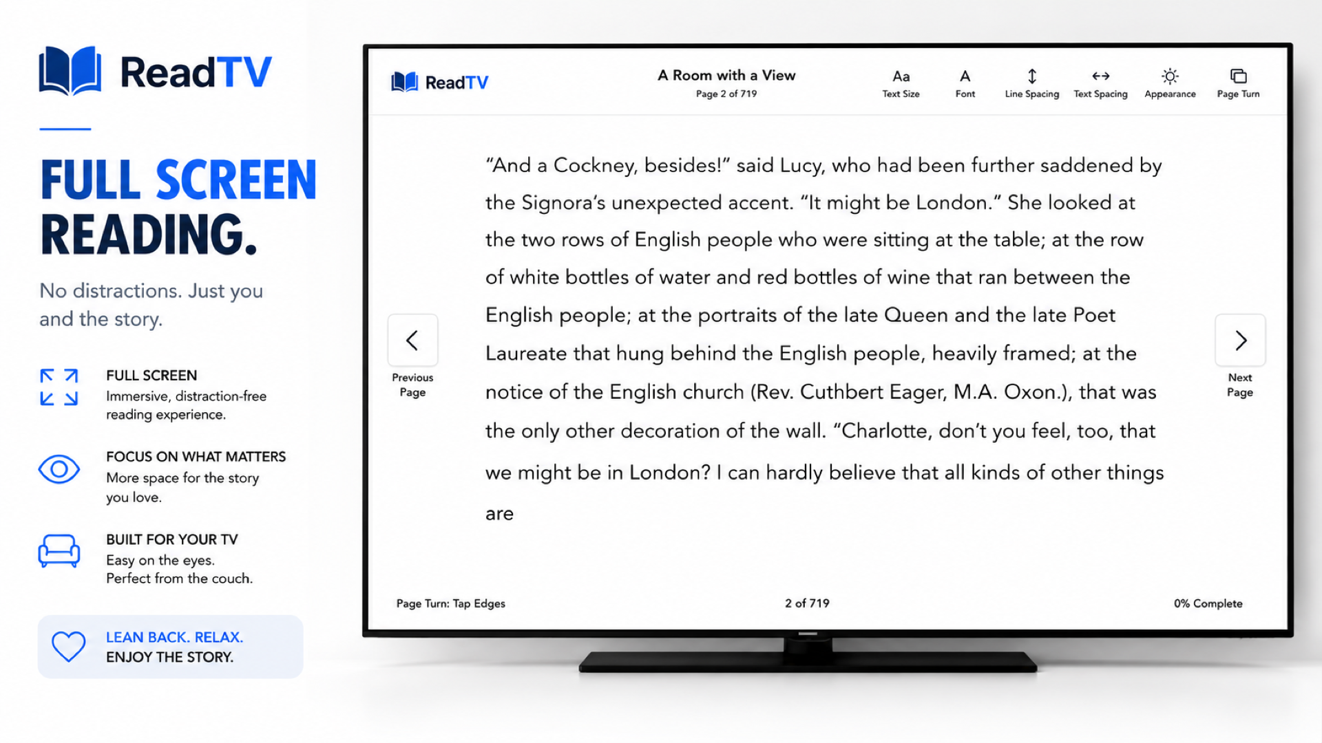 ReadTV full-screen reading interface shown on a television.