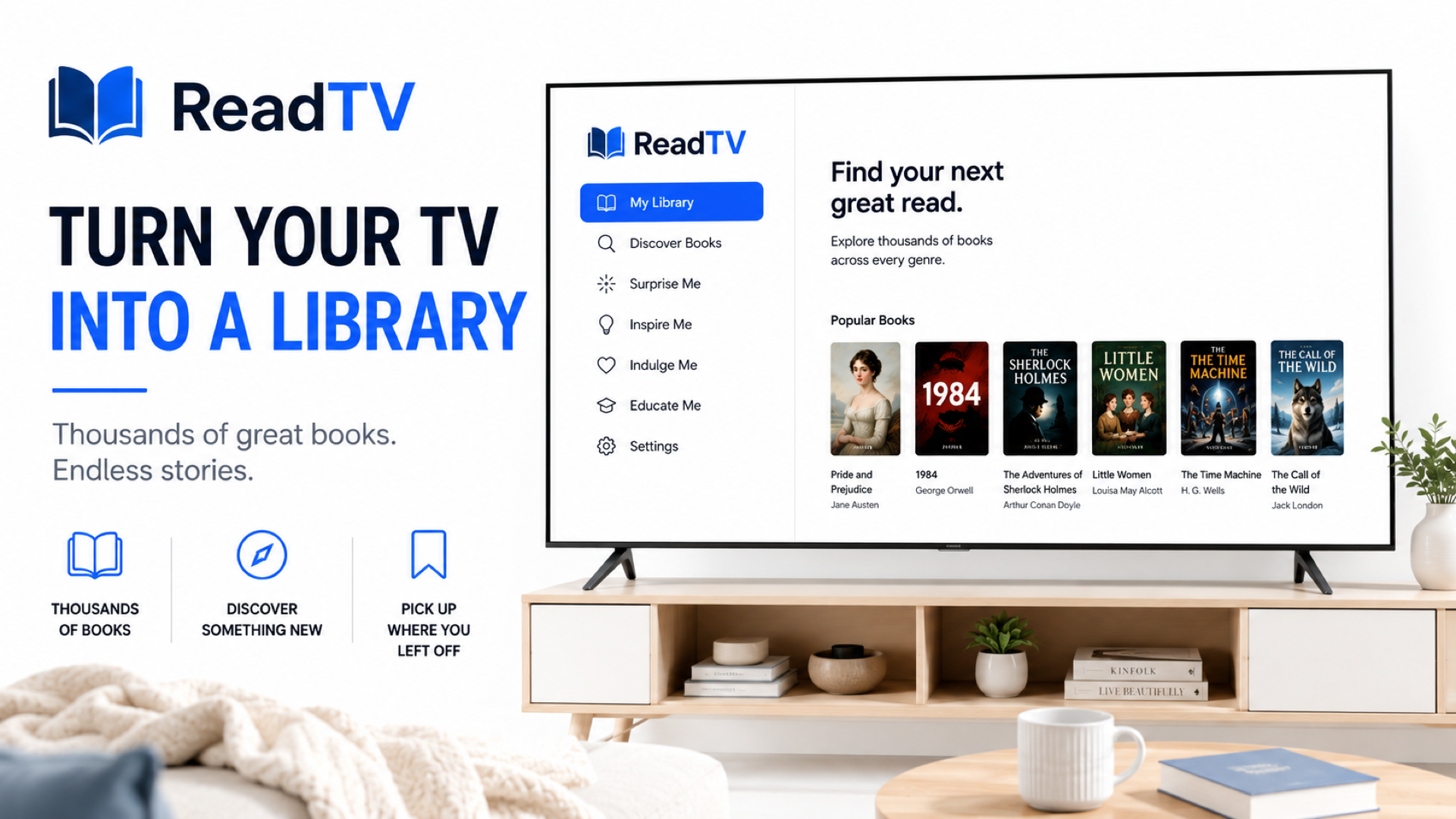 ReadTV marketing artwork showing the ReadTV library on a living-room television with the headline Turn Your TV Into a Library.