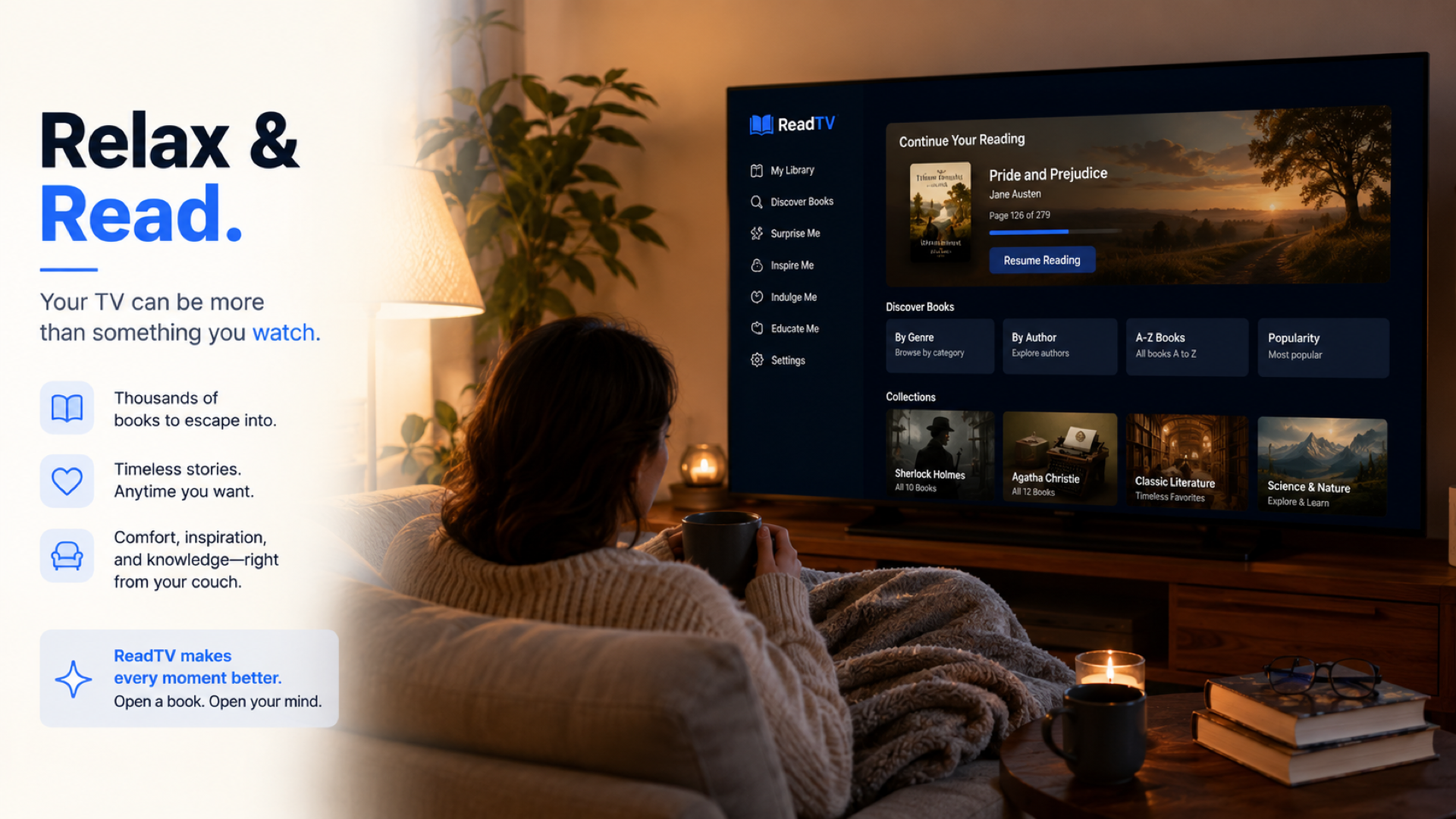 ReadTV library interface shown on a television in a living room.